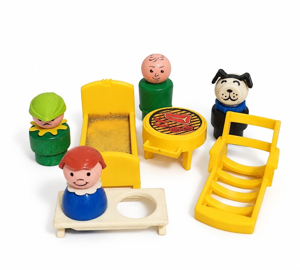 Vintage Fisher Price Little People A Frame Lounge Chair Bench Grill Bed Dog